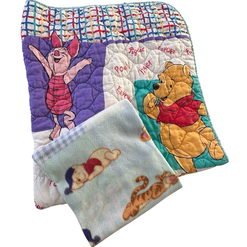 2 Vtg 1995 Disney Winnie The Pooh Baby Crib‎ Blanket Nursery Quilt Fleece USA
